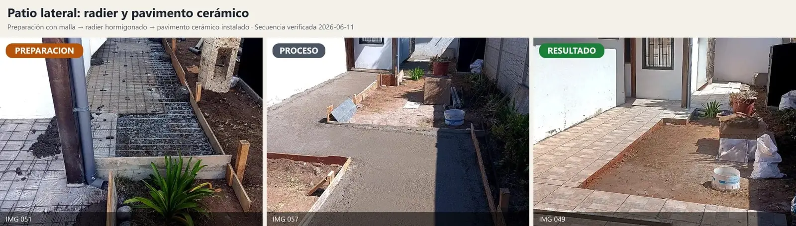 Secuencia de preparación, radier y pavimento cerámico en patio lateral