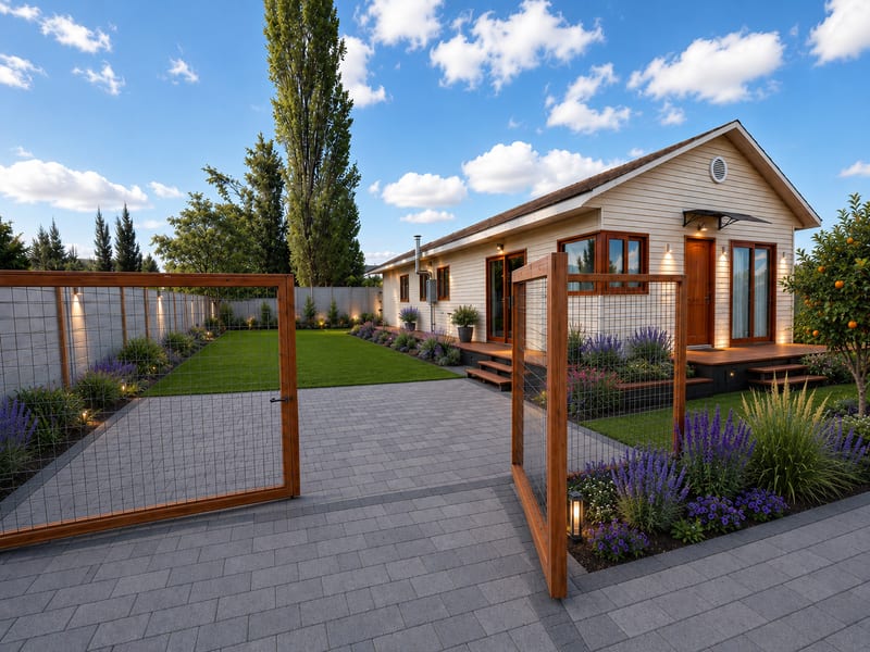 Patio terminado con pavimento, césped, jardineras y cierre de madera