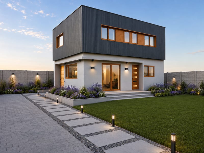 Casa moderna de dos pisos terminada, con jardín, sendero y áreas verdes